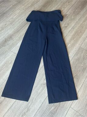 ML Monique Lhuillier Strapless Foldover Wide-Leg Jumpsuit Navy Blue Size 12